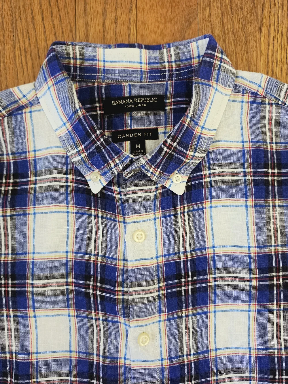 Banana Republic Blue and White Plaid Short-Sleeve 100% Linen Shirt Size M